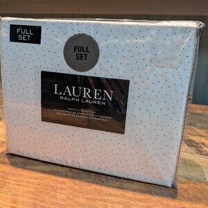 Ralph Lauren 100% Cotton Percale Full Sheet Set White with Navy Pin Dots
